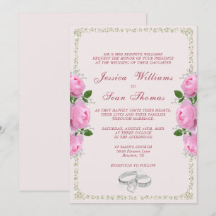 Posh Framed Diamond Rings & Pink Roses Wedding Invitation