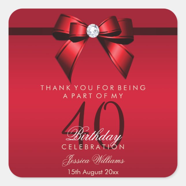 Posh Gem Bow & Ribbon 40th Birthday Square Sticker (Front)