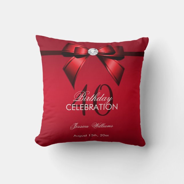 Posh Gem Bow & Ribbon 40th Birthday Throw Pillow (Front)