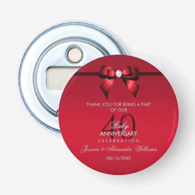 Posh Gem Bow & Ribbon 40th Wedding Anniversary Bottle Opener (Front)
