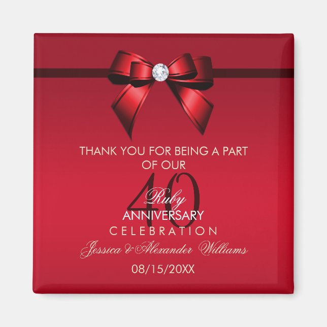 Posh Gem Bow & Ribbon 40th Wedding Anniversary Magnet (Front)