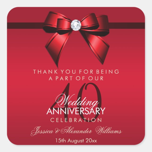 Posh Gem Bow & Ribbon 40th Wedding Anniversary Square Sticker (Front)