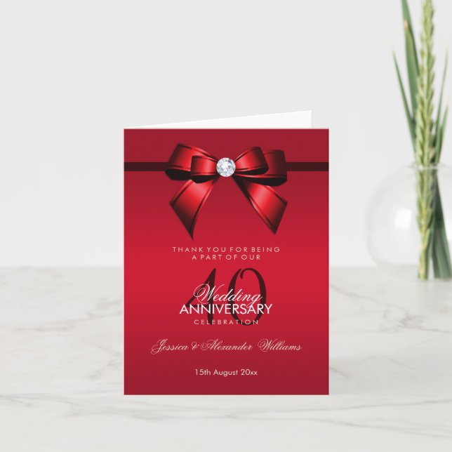 Posh Gem Bow & Ribbon 40th Wedding Anniversary Thank You Card (Front)
