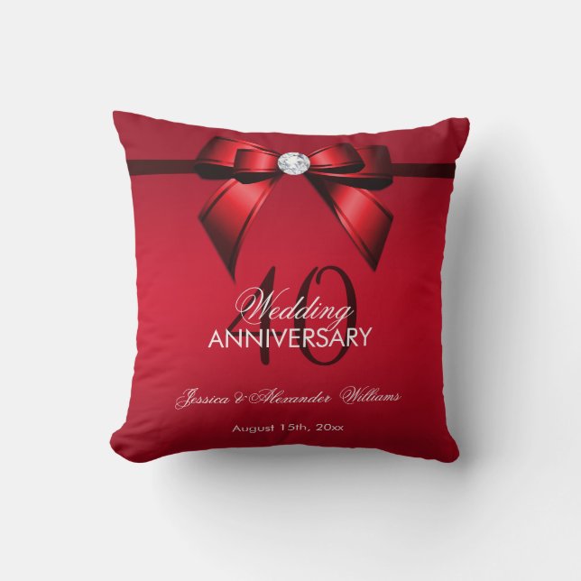 Posh Gem Bow & Ribbon 40th Wedding Anniversary Throw Pillow (Front)