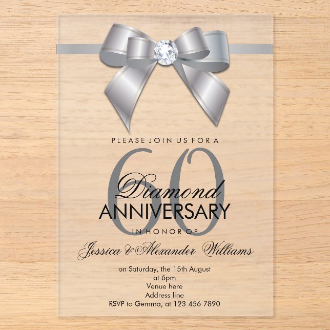 Posh Gem Bow & Ribbon 60th Wedding Anniversary Acrylic Invitations (Front)