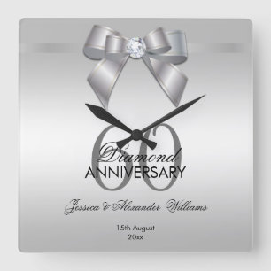 Posh Gem Bow & Ribbon 60th Wedding Anniversary Square Wall Clock
