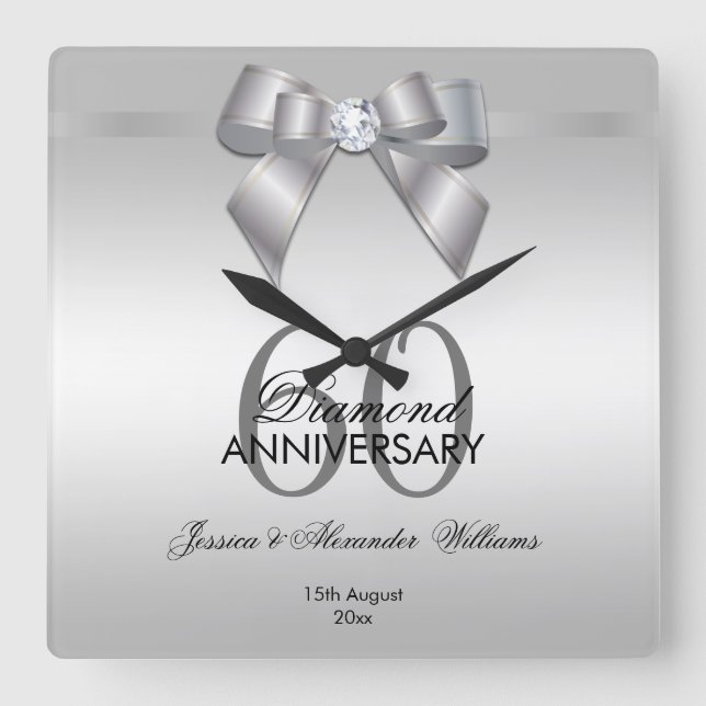 Posh Gem Bow & Ribbon 60th Wedding Anniversary Square Wall Clock (Front)