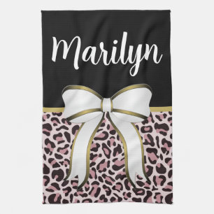 Posh Girly Pink Leopard Print Girly Custom Name Kitchen Towel