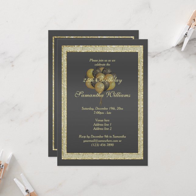 Posh Gold & Black, Glitter & Balloons Birthday Invitation (Front/Back In Situ)