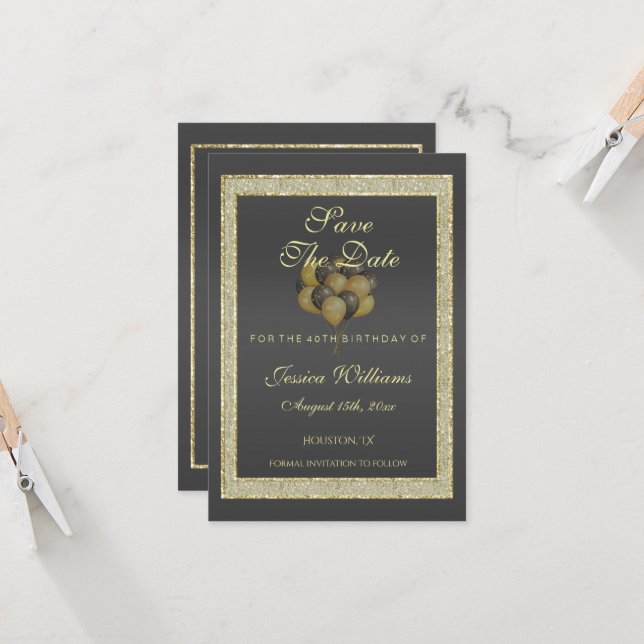 Posh Gold Black, Glitter & Balloons Save The Date (Front/Back In Situ)