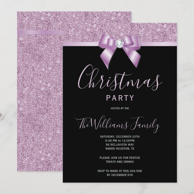 Posh Lilac Jewel Bow Christmas Party Invitation (Front/Back)