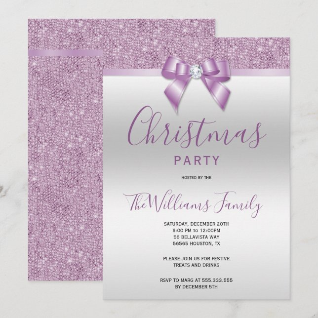 Posh Lilac Jewel Bow Christmas Party Invitation (Front/Back)