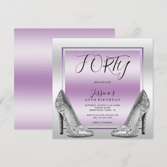 Posh Lilac & Silver Stilettos 40th Birthday Invitation (Front/Back)