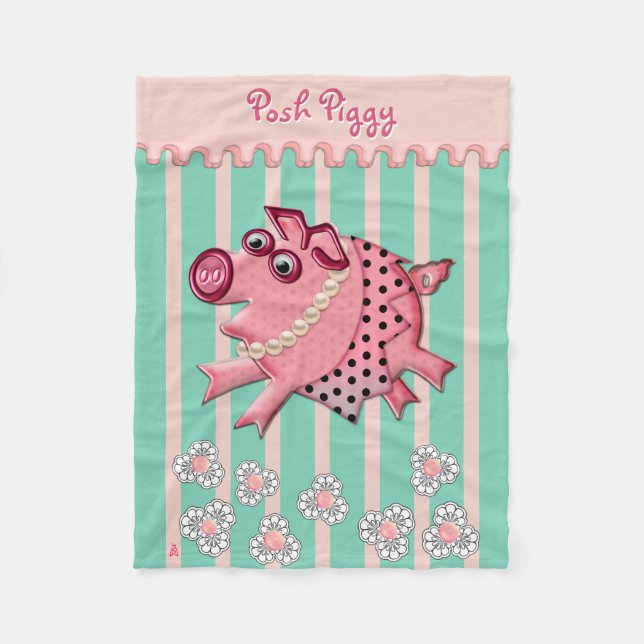 Posh Piggy in Pink on Mint Green Personalized Fleece Blanket (Front)