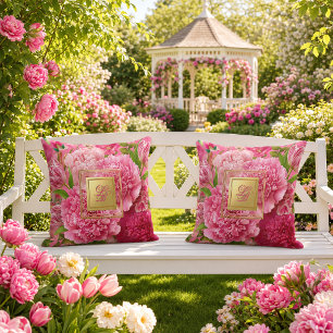 Posh Pink and Green Peony Tulip Monogrammed Outdoor Pillow