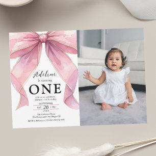 Posh Pink Photo Coquette Bow 1st Birthday Invitation