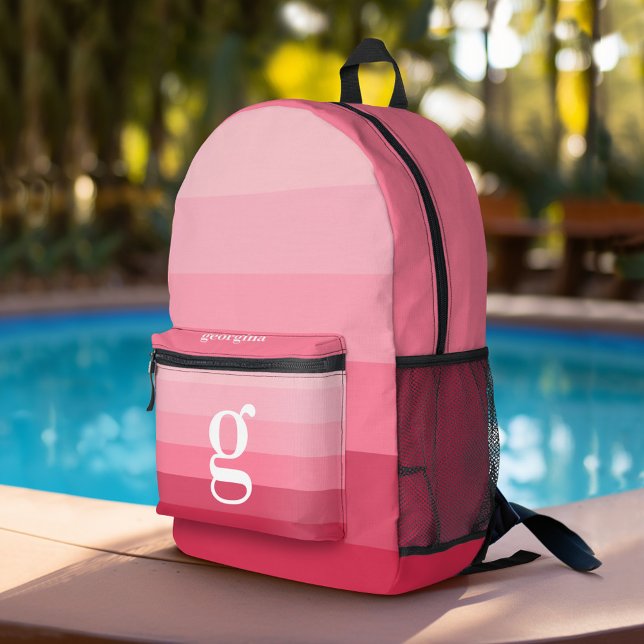 Posh Pink Retro Stripes Gradient - Huge Monogram Printed Backpack (Personalized Backpack with Retro Stripes and Custom Name)