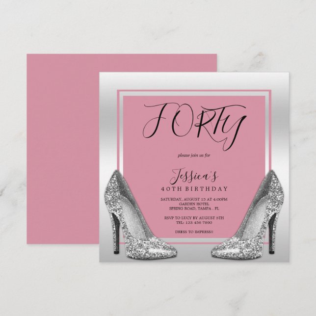 Posh Pink & Silver Stilettos 40th Birthday Invitation (Front/Back)