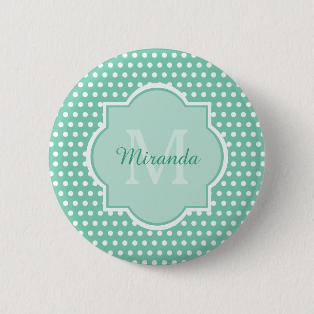 Posh Polka Dots Mint Green Monogram and Name 2 Inch Round Button (Front)