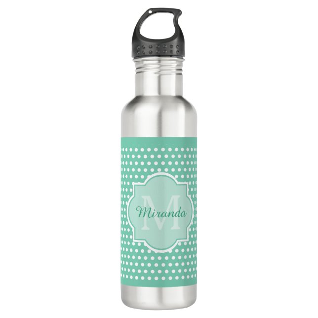 Posh Polka Dots Mint Green Monogram and Name 710 Ml Water Bottle (Front)
