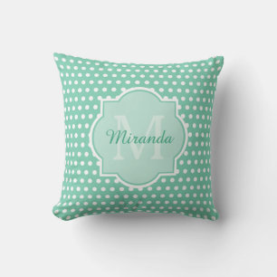 Posh Polka Dots Mint Green Monogram and Name Throw Pillow