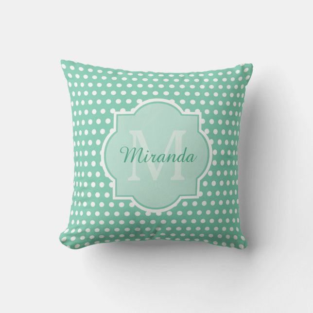 Posh Polka Dots Mint Green Monogram and Name Throw Pillow (Front)