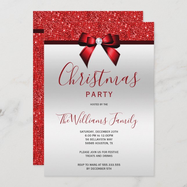 Posh Red Jewel Bow Christmas Party Invitation (Front/Back)