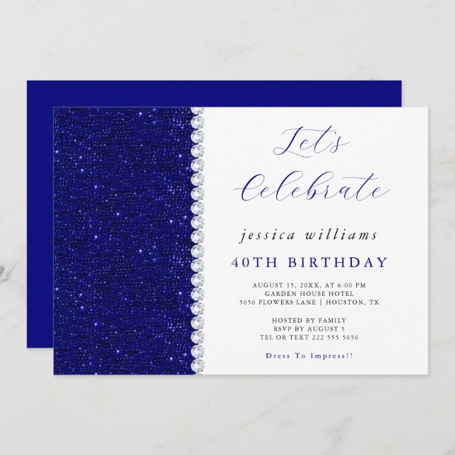 Posh Sequins & Diamonds Navy Birthday  Invitation (Front/Back)