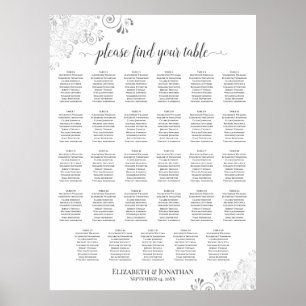 Posh Silver & White 29 Table Wedding Seating Chart