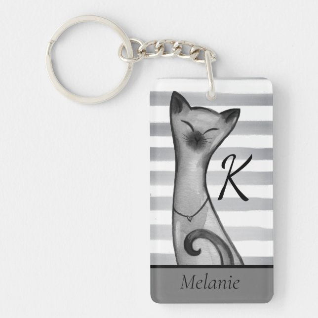 Posh Snooty Cat Striped Personalised Keychain (Front)