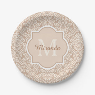 Posh Tan Damask Pattern Monogram With Name Paper Plate