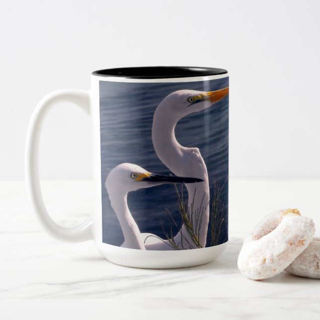 Posing Egrets Two-Tone Coffee Mug (With Donut)