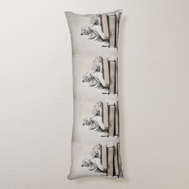 Posing White Tiger on Books – Elegant Body Pillow (Back (Vertical))