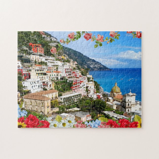 Positano Amalfi Coast Italy with flower foreground Jigsaw Puzzle (Horizontal)