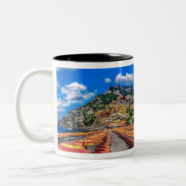 Positano Beach Italy Cliff Homes Amalfi Travel Two-Tone Coffee Mug (Left)