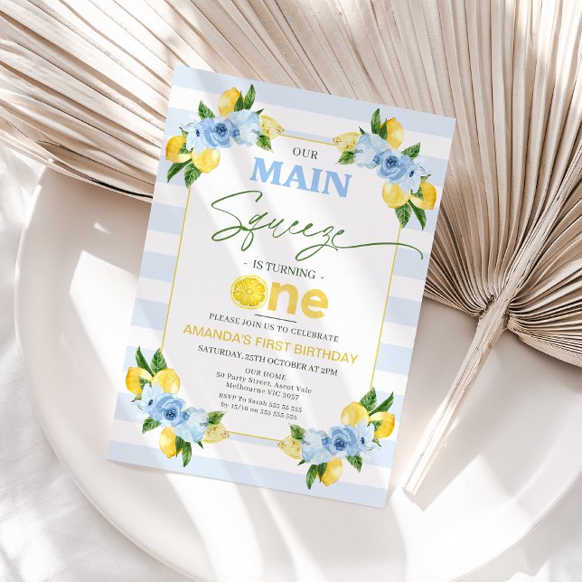 Positano Blue Lemon Main Squeeze 1st Birthday Invitation (Blue Yellow Main Squeeze 1st Birthday Invitation, Lemon Themed Fist Birthday Invitation Girl)