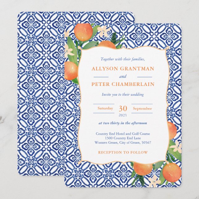 Positano Blue Tiles Oranges Citrus Wedding Invitation (Front/Back)