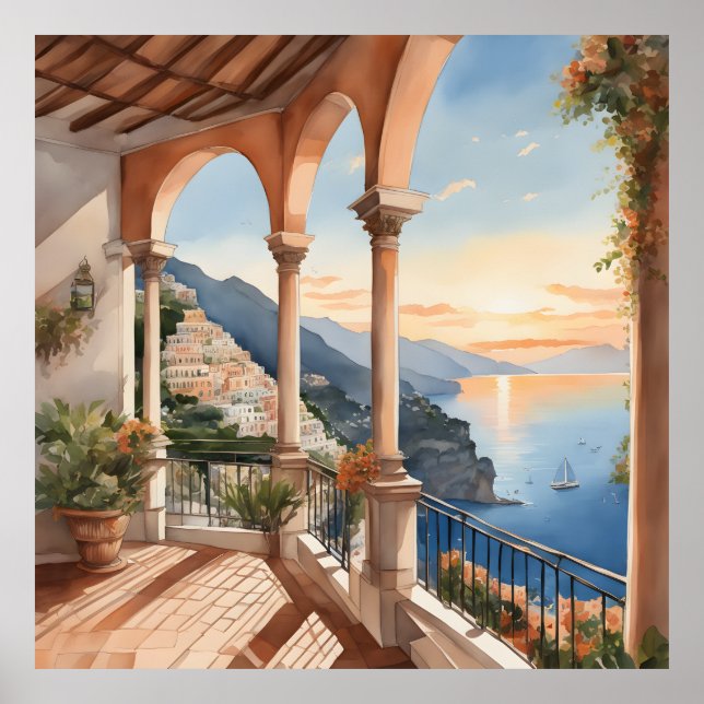 Positano Dream : Watercolor Sunset Vista Poster (Devant)