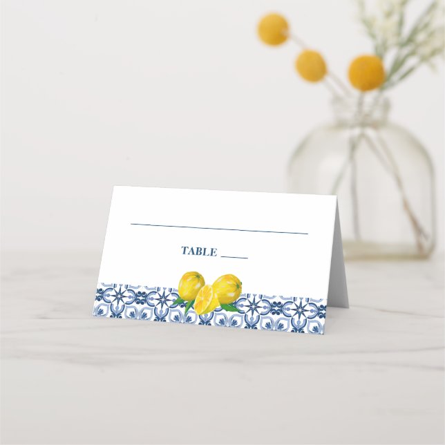 Positano Lemons Blue and White Pattern Wedding Place Card (Front)