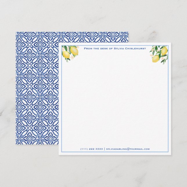 Positano Lemons Blue Tiles Baby Shower Thank You Card (Front/Back)