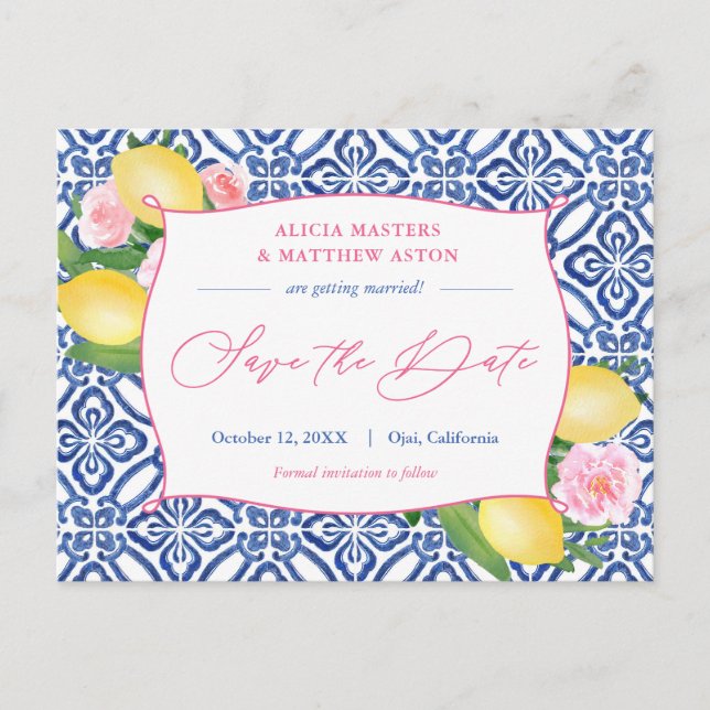 Positano Lemons Blue Tiles Pink Save The Date Postcard (Front)