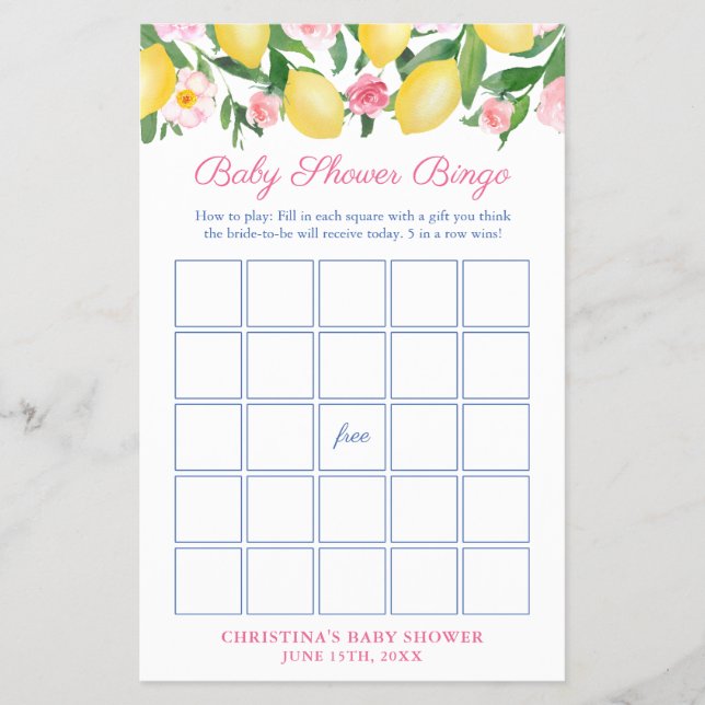 Positano Lemons Pink Baby Shower Bingo Game Card (Front)