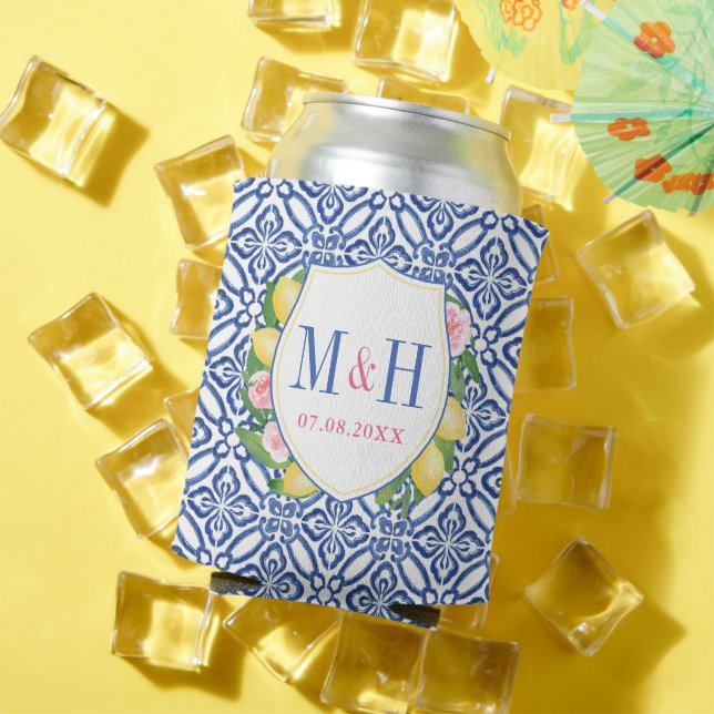 Positano Lemons Pink Blue Tiles Bachelorette Party Can Cooler (In Situ Summer)