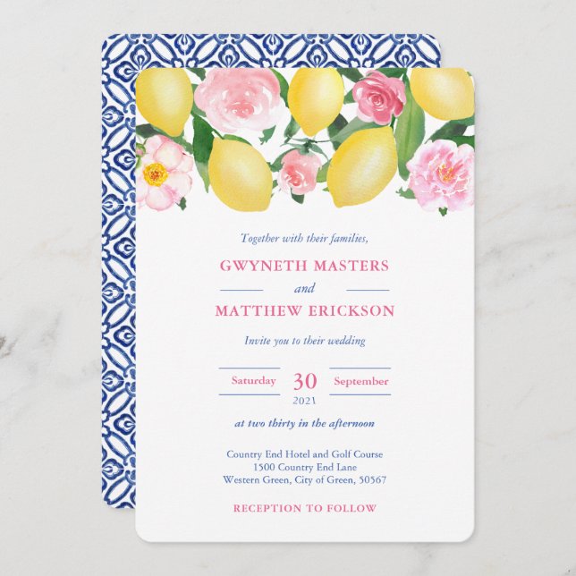 Positano Lemons Pink Floral Blue Tile Wedding Invitation (Front/Back)