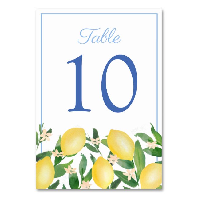 Positano Lemons Powder Blue Wedding Table Number (Front)