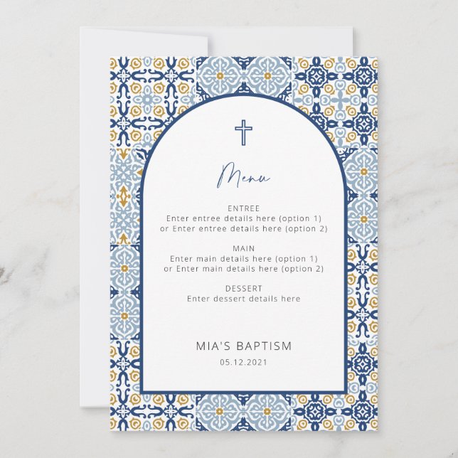 Positano Mediterranean Blue Tile Baptism Menu Card (Front)