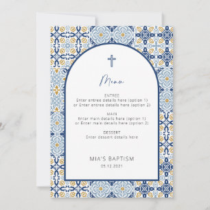 Positano Mediterranean Blue Tile Baptism Menu Card