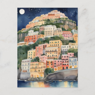 Positano Night, Italy, Italian Coast Watercolor Postcard