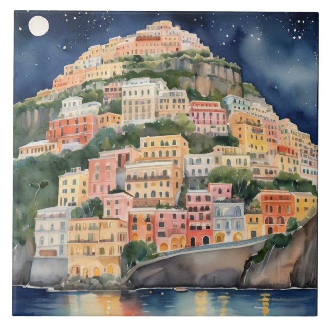 Positano Night, Italy, Italian Coast Watercolor Tile (Front)