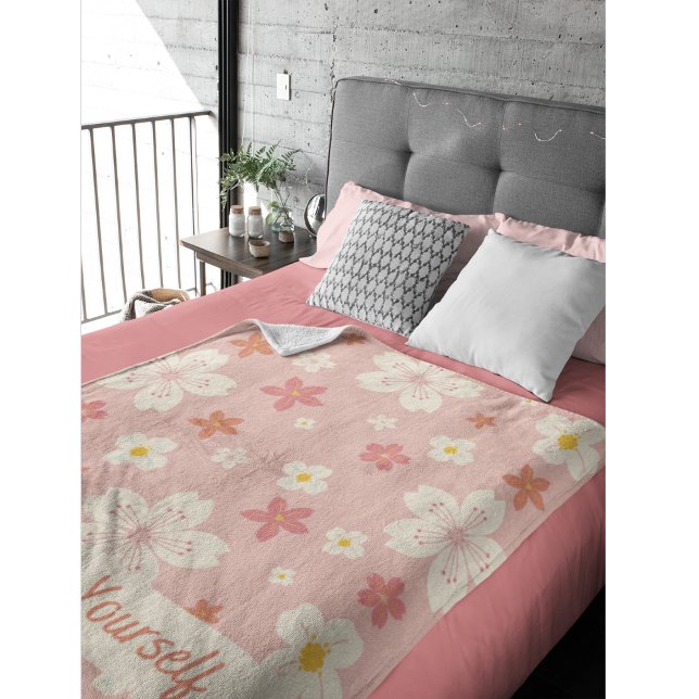 Positive Affirmation Flower Pattern Pink White Sherpa Blanket (Creator Uploaded)